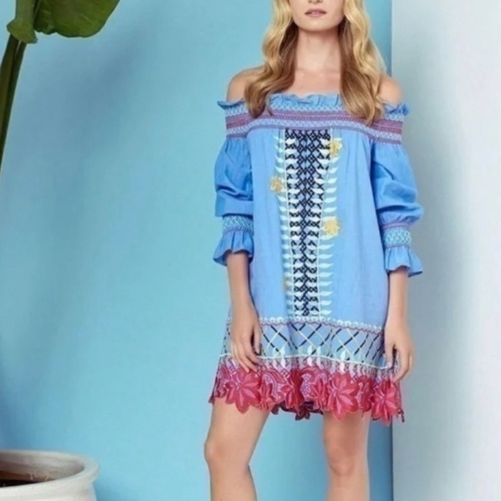 Anthropologie Red Carter Off the Shoulder Embroidered Mini Dress size small